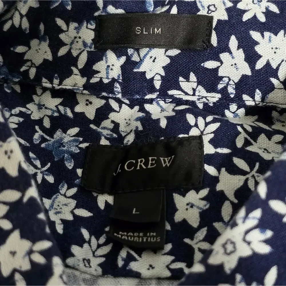 J. Crew Slim Fit Blue‎ & White Floral Men's Blue Buttoned up Shirt Size Large